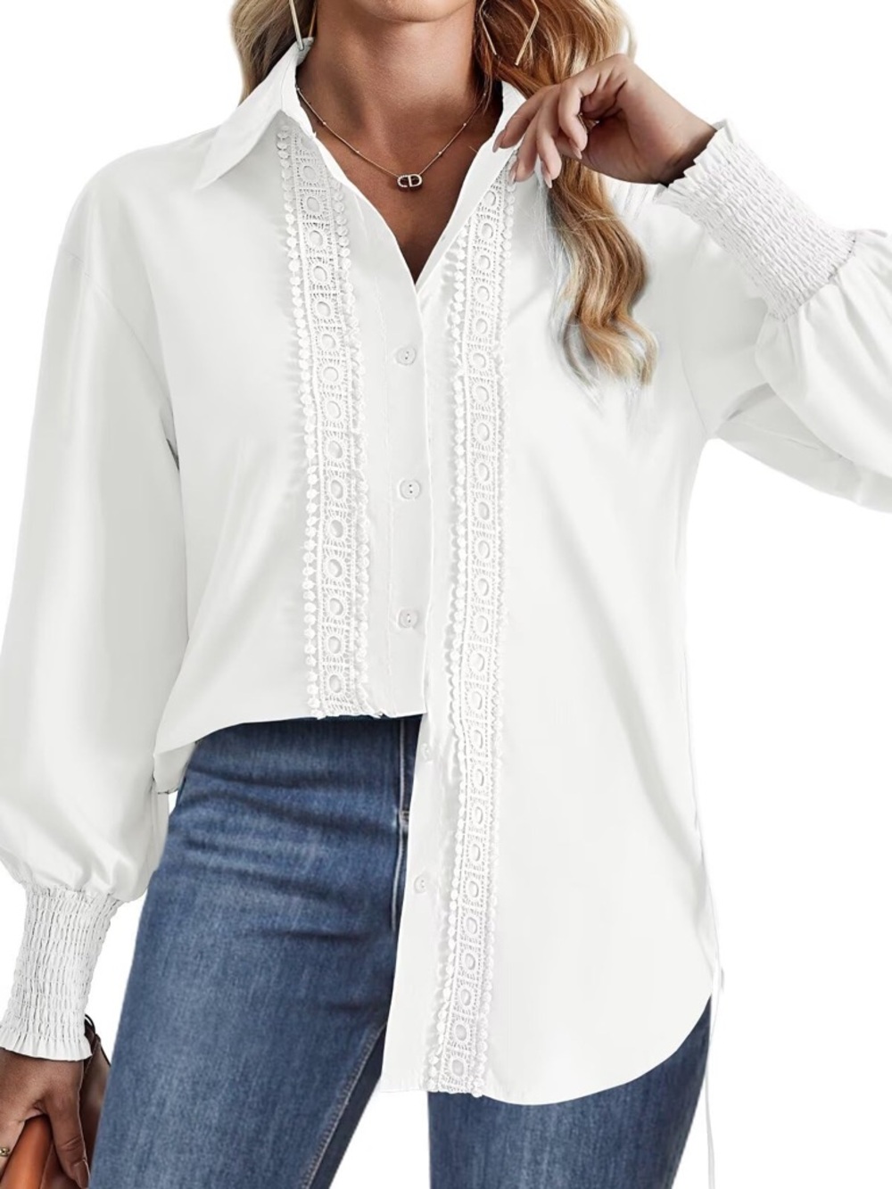 Women's White Lace-Trim Button Shirt